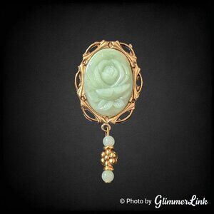 Vintage Green Resin Rose Brooch – Molded Floral Gold Tone Bead Dangle Pin, 2"